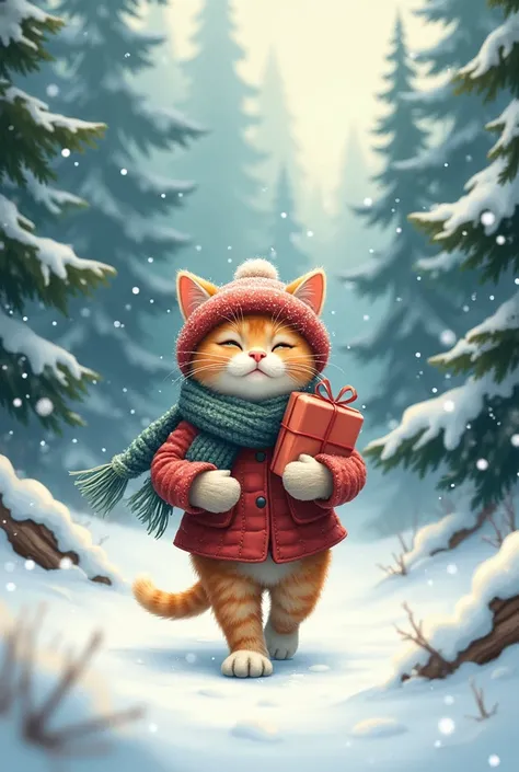 Cat walks in the snow in the forest with winter clothes and has gifts in hand 