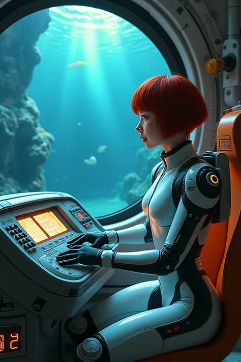 Ridiculous resolution, high resolution, (masterpiece:1.4), Hyper-detailing, 1 young woman, pelo rojo corto, pilotsuit, Sitting in an extremely narrow and enclosed mech control room, Operate the mech pole, Outside the window is the underwater world, The exp...