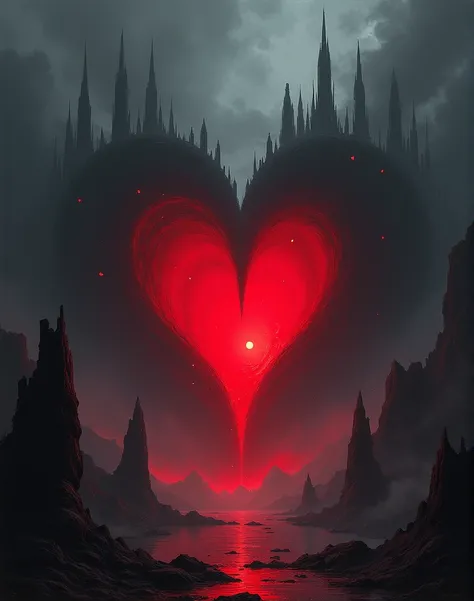 A dark, fantastical landscape with a massive heart-shaped structure at its center. The heart appears to be a portal or gateway, glowing with an intense red light. Surrounding the heart are towering spires and structures in shades of black and gray, evoking...