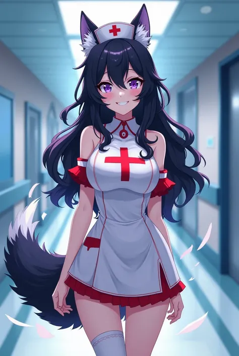 My hero Academia,  anime girl image,  wavy black hair with white tufts, lilac eyes,  ears and wolf tail ,  sexy nurse costume ,  in a newly-parity hospital ,  flirty smile , al estilo My hero Academia 