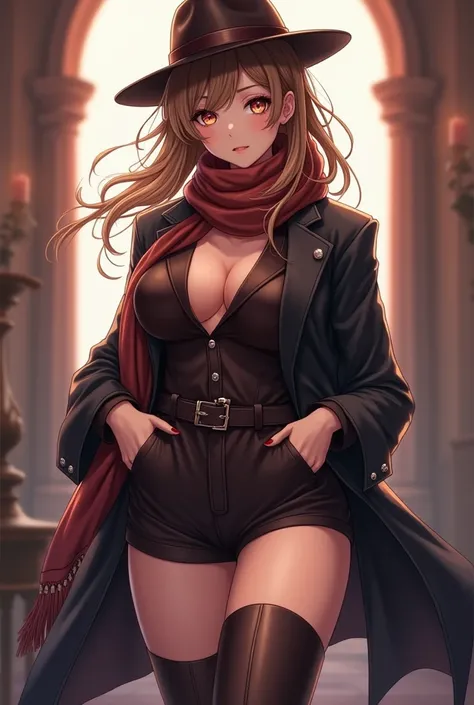 sexy anime girl with a gabardine, a scarf, a fedora hat, sexy shorts and long boots