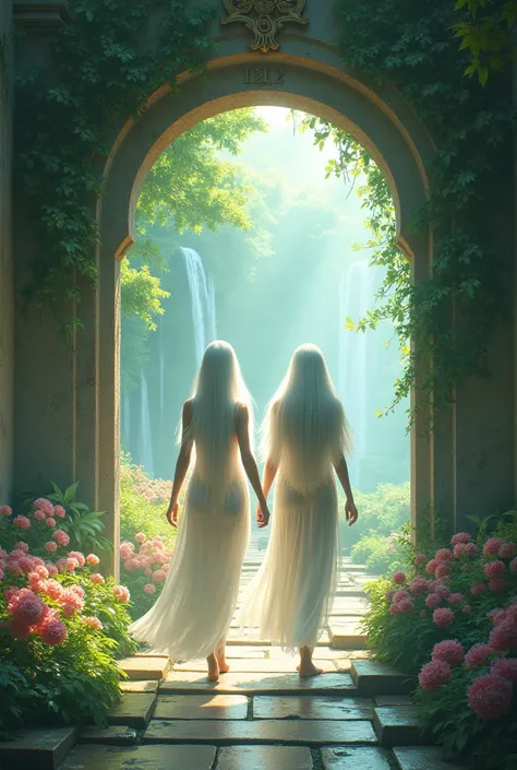  Image of a couple of ren entering a very beautiful garden, after passing through a portal with the inscription 1212 on the arch  