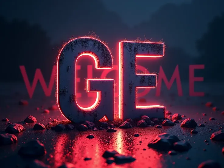 initials GE in background with light glowing from behind, graffiti font, attention grabbing, black background, cool look, vibes, detailed, one of a kind, the word welcome in background transparent  