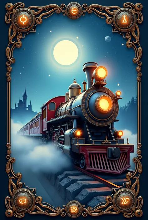 (Create a highly detailed and visually enchanting bookmark design inspired by a magical train journey. The bookmark features a vintage steam engine as the centerpiece, glowing with magical runes etched into its metallic body. The background is a starry nig...