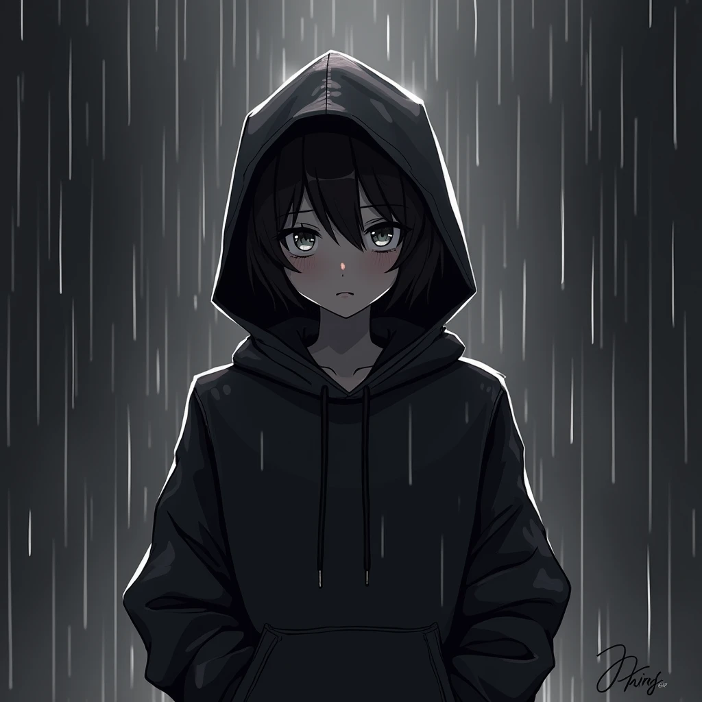 anime hoodie guy sad rain alone tricolor monochrome dark mystic