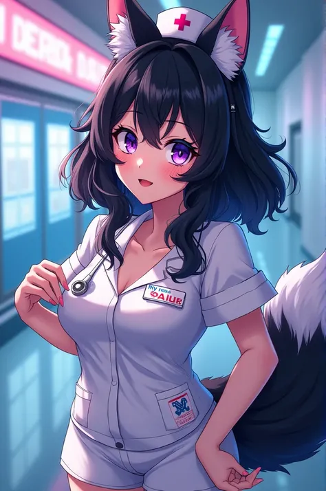 My hero Academia,  image of an anime girl ,  wavy black hair with white locks, purple eyes,  ears and wolf tail ,  sexy nurse costume , In a new-parity hospital,  flirty smile ,  in the style of my hero Academia .