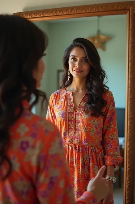 A Pakistani woman making tiktok in mirror wearing lawn dress