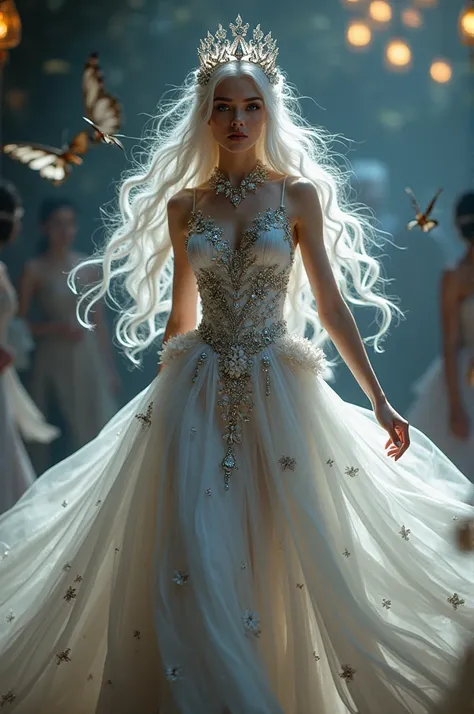  Elf looking like a goddess , Slim and sexy,  with white skin and white hair full of flowers and butterflies,  with blue eyes , wearing an elegant and large dress ,  in white with black and gold ,   with white diamonds and lots of glitter and flowers ,  wi...