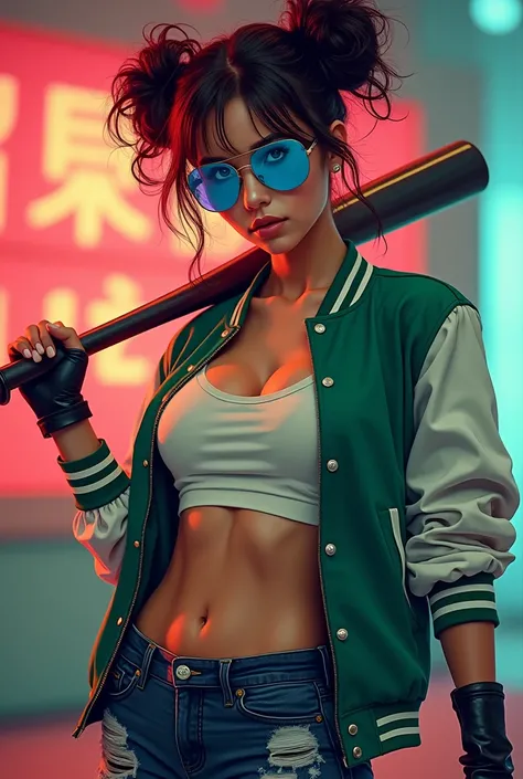 Create a movie poster of A hot young adult female with huge perky breast her hair is styled in a brunette messy twin buns she wears blue aviator shades, a green varsity jacket black, finger gloves and dark blue denim jeans that is torn with a white belt sh...