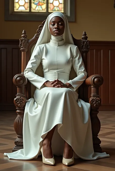 Beautiful, cruel, African, photorealistic nun in a white leather habit and beige leather Mary Jane pumps sitting elegantly on a throne in a church. a man lies on the floor, kissing her shoes in worship