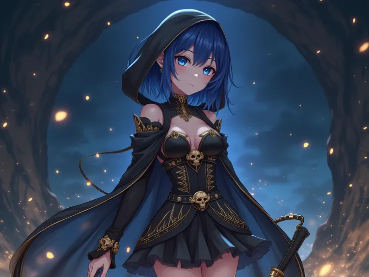 anime,  very beautiful woman, dark blue short hair ,  bright blue eyes ,  short black petticoat with gold details ,  low cut dress in black with gold details and skull details,  long hood with black color ,  dagger belt , skull buckle ,  long boots with hi...