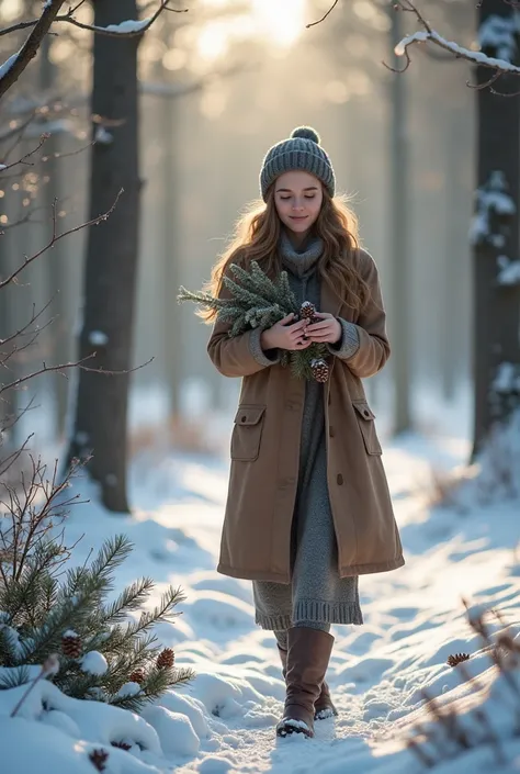 *"A young woman walking in the snow " A young woman walks through a snowy forest ,  picking pine cones and branches to make a handmade Christmas ornament .  The scene is quiet and full of natural beauty ,  with a soft light filtering through the trees and ...