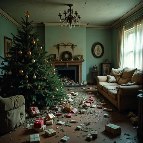 A living room in complete disarray, depicting a ruined Christmas scene. The Christmas tree is toppled, its branches broken, and ornaments shattered across the floor. The string lights are tangled and dark, with several bulbs broken. Presents lie torn and s...