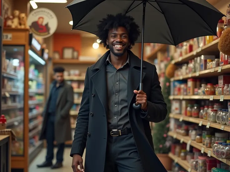 Create a scene of an imposing black , high, strong, handsome and stately short curly haired , wearing a coat, shirt and long pants ,  must appear he is in front smiling in a friendly way,  holding a large black umbrella hanging in his hand.  He is at a pet...