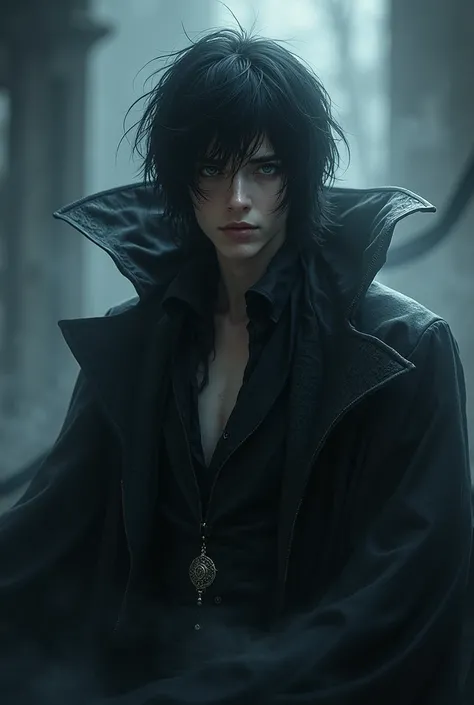  A young man vampire king demigod with dark aura and shadows has not so long black hair, inoptizing gray eyes , high attractiveness as a model  