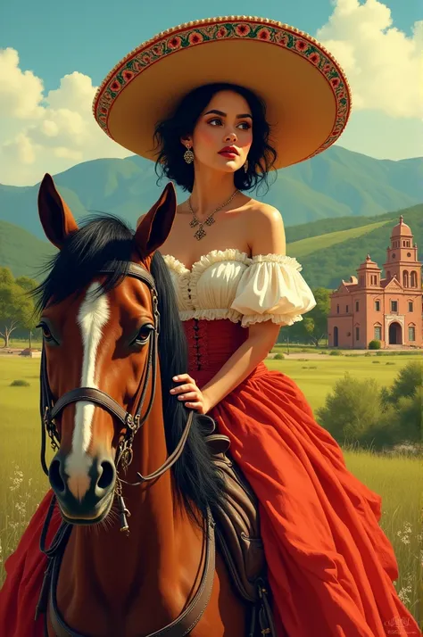 **mexican woman wearing a authentic sombrero, vintage victorian clothes in field on top of her horse in a small town with a hacienda in the background, looks like an oil painting  