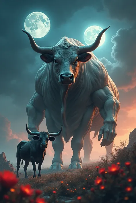 A majestic matriarchal universe featuring a towering, muscular cow exuding dominance and strength, dwarfing a smaller, leaner bull in size and stature. The setting is an otherworldly landscape with glowing flora and twin moons casting ethereal light, symbo...