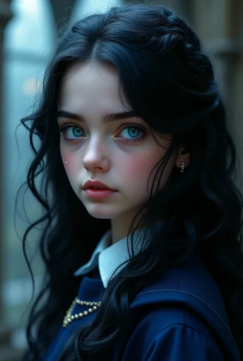 Beautiful girl with wavy long raven black hair,with blue eyes ,wearing ravenclaw uniform ,harry potter 