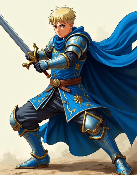 Young man, shaved blond, brown eyes, oval face, thin lips in style manga. Wearing knight armor, royal blue cape, holding sword in attack stance mostrar  de corpo inteiro