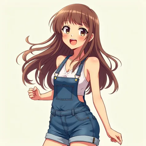 anime girl, wearing overalls, no shirt, long hair, happy