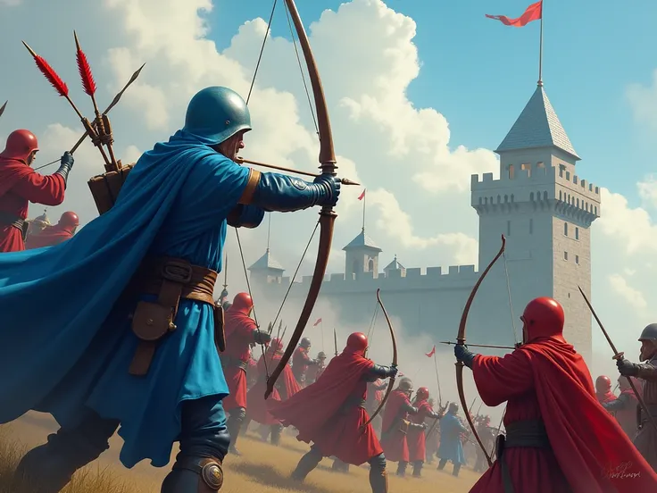  The blue soldiers are raising their bows from above the fortress and shooting arrows, and the red soldiers outside the fortress are being hit by arrows. They are fighting each other fiercely and dynamically 