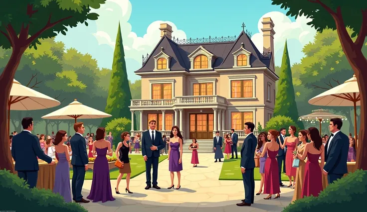 Realistic cartoon image of a party outside a mansion