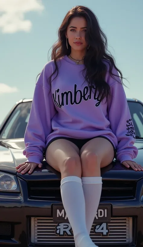 1 girl, a teenage girl with thick thighs, cute purple sweatshirt "KIMBERLY" high socks above the knees, black shorts sitting on top of a Nissan Skyline r34, with the name "KIMBERLY"