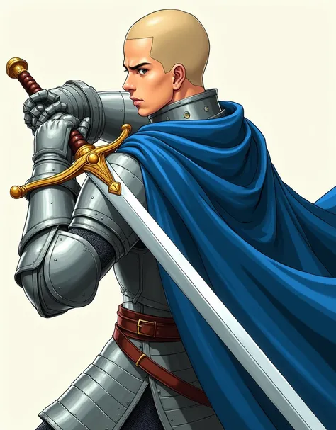 Young man, shaved blond, brown eyes, oval face, thin lips in style manga. Wearing knight armor, royal blue cape, holding sword in attack stance mostrar  de costas