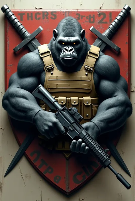  Shield coat of arms with gorilla in a vest and rifle 762. And at the bottom place T-31 and 3rd CIA .
I also want two swords crossing the shield from behind.