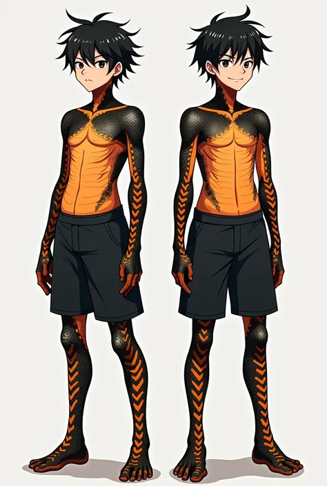  made in an anime style two young boys ，Their hands and feet and abdomen are transformed into black snake scales with orange stripes，Head Maintains Human Skin，Their hair is finely fragmented. The color of the cap is blue ，Theyre wearing only one pair of bl...