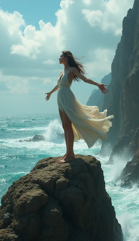 A spirited woman in a flowing dress standing on a rocky cliff overlooking the sea, arms stretched wide, embodying freedom and defiance