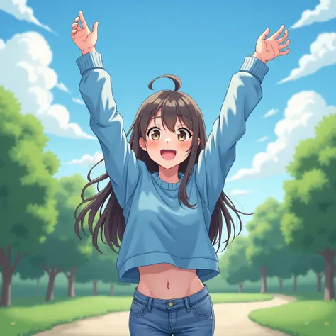 anime girl, blue sweater, jeans, stretching up, sweater riding up, slightly exposed midriff, stretching, long hair, at the park, happy