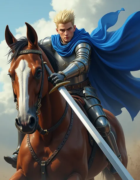 Young man, shaved blond, brown eyes, oval face, thin lips in style manga. Wearing knight armor, royal blue cape, holding sword in attack stance mostrar  montado em um cavalo