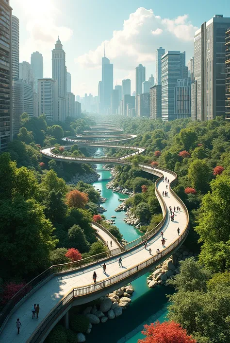 A panoramic view of several walkways connecting different natural and urban spaces.