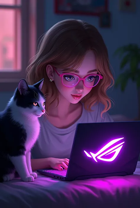 Make me an image of a girl with light brown hair pink glasses playing games on a glowing in purple asus rog strix laptop and next to it a black white cat