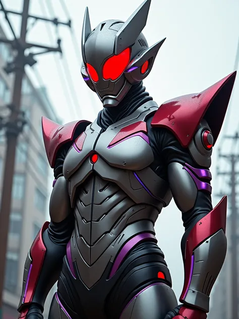 a character in a stylized suit, likely from a vilain or tokusatsu genre. The suit is predominantly metallic, with intricate designs and segmented armor plating. The helmet is prominently angular, suggesting advanced technology, with dark colors including s...