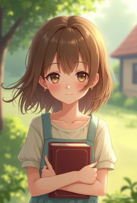 Cute brown-haired girl is shy and carrying a book in her arms 