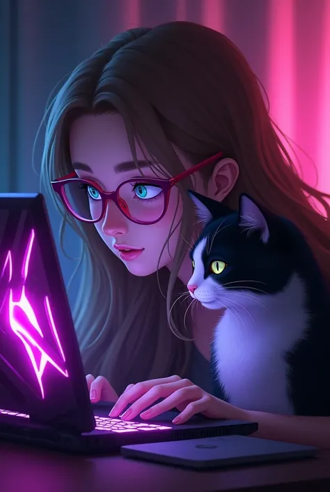 Make me an image of a girl with light brown hair pink glasses playing games on a glowing in purple asus rog strix laptop and next to it a black white cat