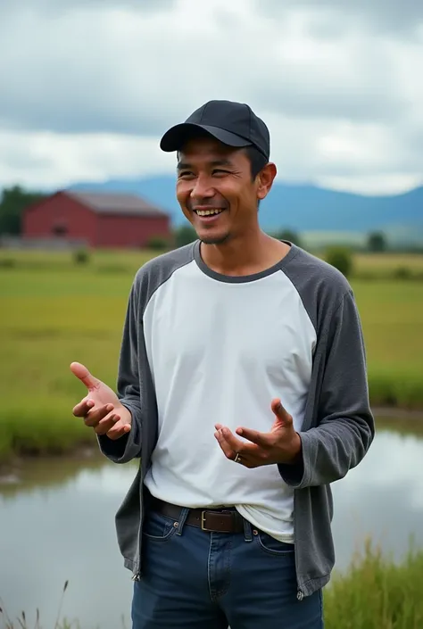 Smiling Indonesian man staring at camera rather thin face wearing black baseball cap ,  wearing a white t-shirt in combination with a long sleeve shirt with a box sleeve motif in roll  ,  wears blue jeans  , Leather Pants ,  expression talking explaining s...