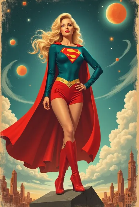 A vintage movie poster of Dolly Parton, in the role of Supergirl, adorned in her iconic 1950’s Supergirl costume that blends comic book flair with classic sci-fi elements. She stands boldly against a backdrop of swirling galaxies and futuristic landscapes,...