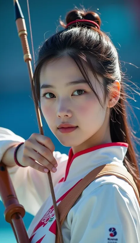 Characters take up one-sixth of the screen， Chinese beauty, , ，woman; archery at the Olympics ，Korean team ，1 Beauty，  exquisite facial features  ， cute， white skin， long hair， Full Body Photo ，Panoramic view，Wide-angle lens， Olympic venues ， professional ...