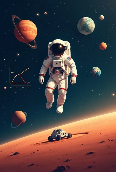  Imagine an image showing an astronaut wearing a space suit in space ,  surrounded by stars and planets . To one side,  a graph of atmospheric pressure on Earth is shown , Mars and other planets .  At the bottom ,  a spaceship lands on Mars . Below the ima...