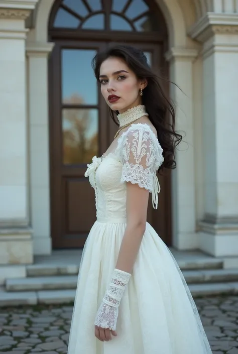 25-year-old enigmatic brunette with dark lips, clad in a Victoria-era-inspired, lace-adorned white dress, enhancing her stature with short-medium white boots, and garters securing white lace stockings, poses elegantly before the stately facade of a white p...