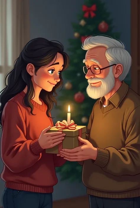 A young woman delivering a " A young woman gives a small handmade gift to an old man in a modest house.  The man smiles warmly ,  clearly moved by the gesture .  The room is simple ,  with a small Christmas tree and a single burning candle .  The scene is ...