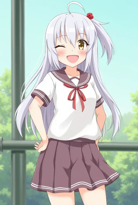 high quality, park, female , glad, laughing, standing, looking at viewer, long hair, side ponytail, white hair, white eyes, eyes closed, petite, gym uniform, teenager, in the classroom, cel anime, cute, upper body, Buruma, plump body