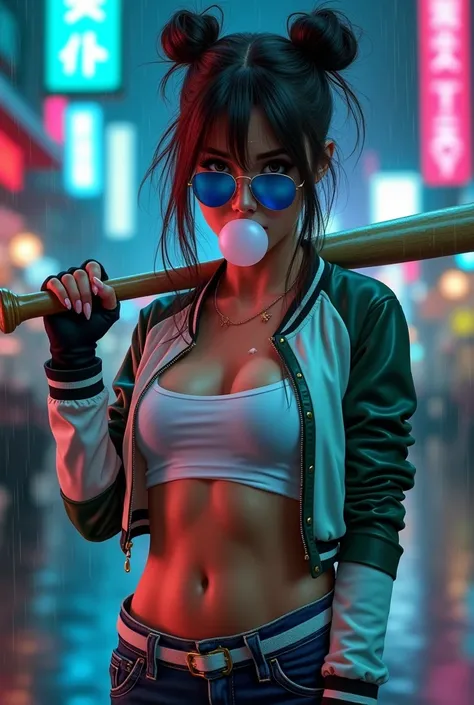 Create a movie poster of A hot young adult female with huge perky breast her hair is styled in a brunette messy twin buns, she wears blue aviator shades, with a white bandaid on her right cheek, a white and green cropped varsity jacket over a white cropped...