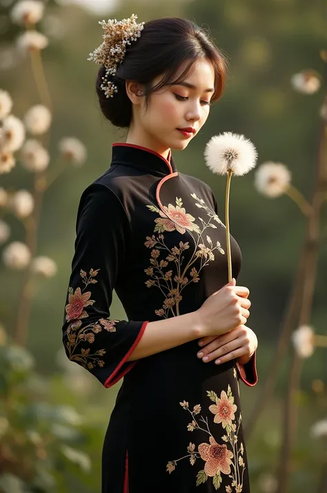 womans black cheongsam dandelion 