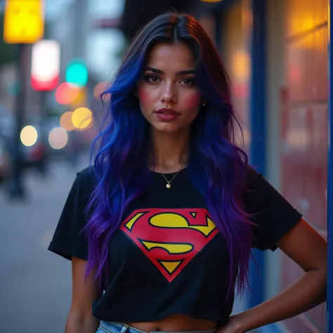 high-quality photo, Portrait of a (   26-year-old Brazilian woman with vibrant and expressive features .  She has long hair with colored highlights in shades of blue and purple ,  reflecting a bold and modern personality .  Her skin has a light tone and Fe...