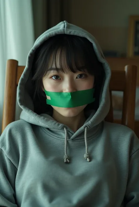 (korean woman in a gray hoodie laying on a chair with a green tape over her mouth), in gray hoodie, seifuku, (sfw) safe for work, bangs, japanese girl, ((arms behind back)), ((gagged, chair tied, hands tied by tape)), super realistic, photorealistic, high ...