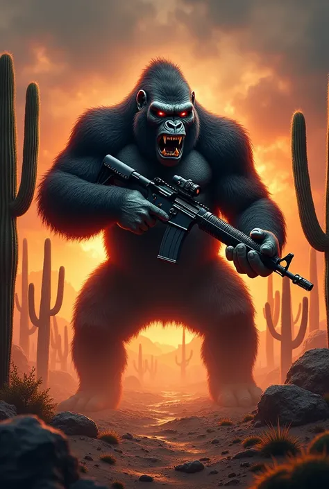 ( coat of arms ), ( super detail ),  a strong and angry gorilla holding a rifle amidst cacti and fire,  red eyes , Written T-31  